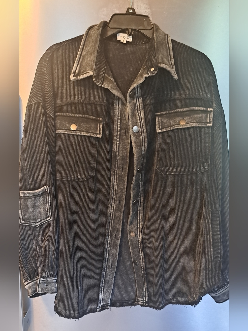POL Corduroy Frayed Ribbed Distressed Shacket Jacket Top Black Sun Washed Small